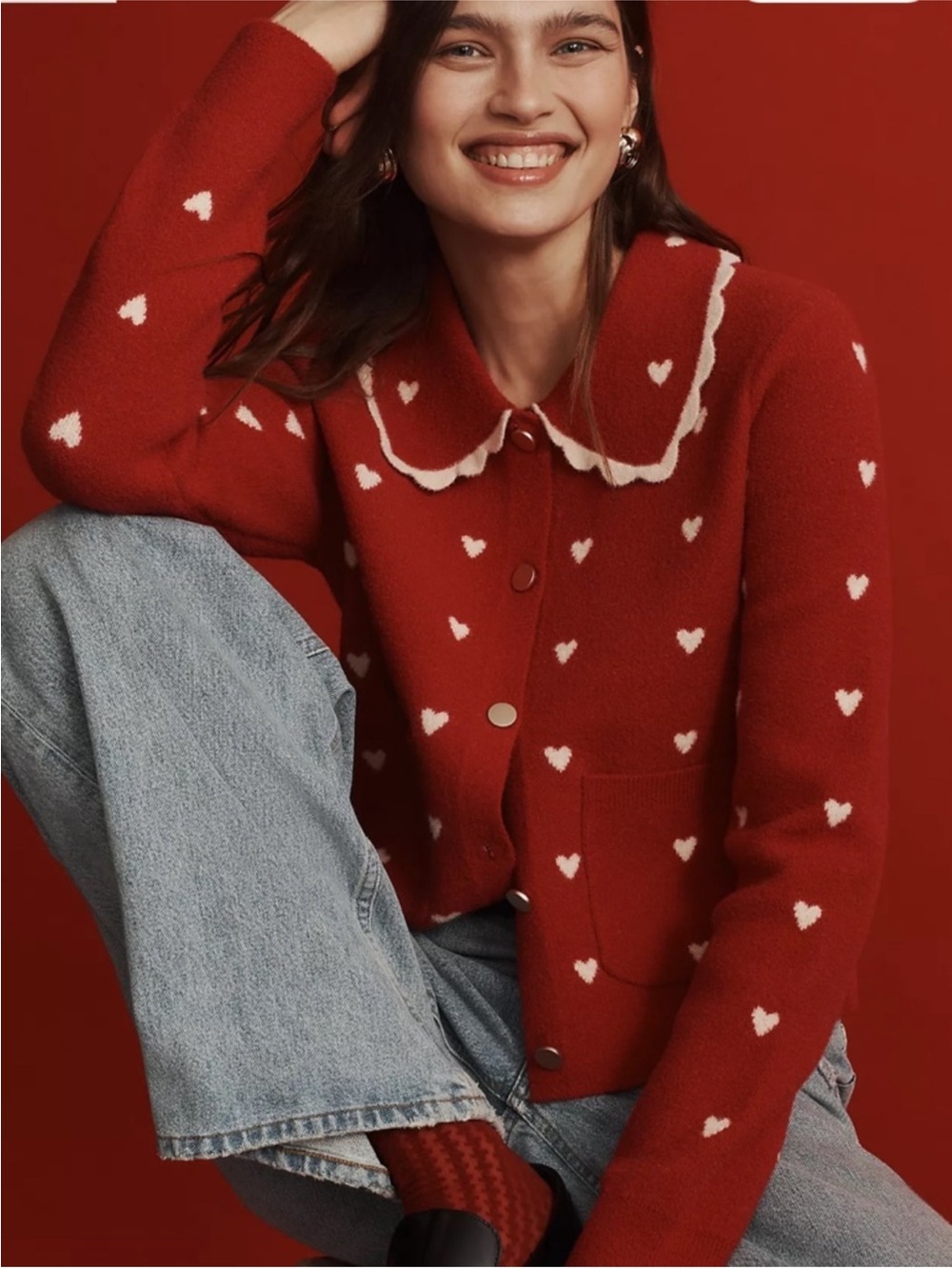 NVLT Red Heart-Print Button Cardigan - Picture 1 of 9